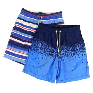 Allen Edmonds Mens Swim Trunks M Blue Anchor Stripe Board Shorts‎ Bundle 2pk